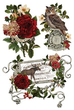 A vintage-style collage of illustrated floral arrangements, an owl, and decorative text banners on a white background. The designs include red and cream roses, green leaves, holly, an owl with a crest, and ornate lettering such as 'Christmas Wishes' and 'The Laumont London.